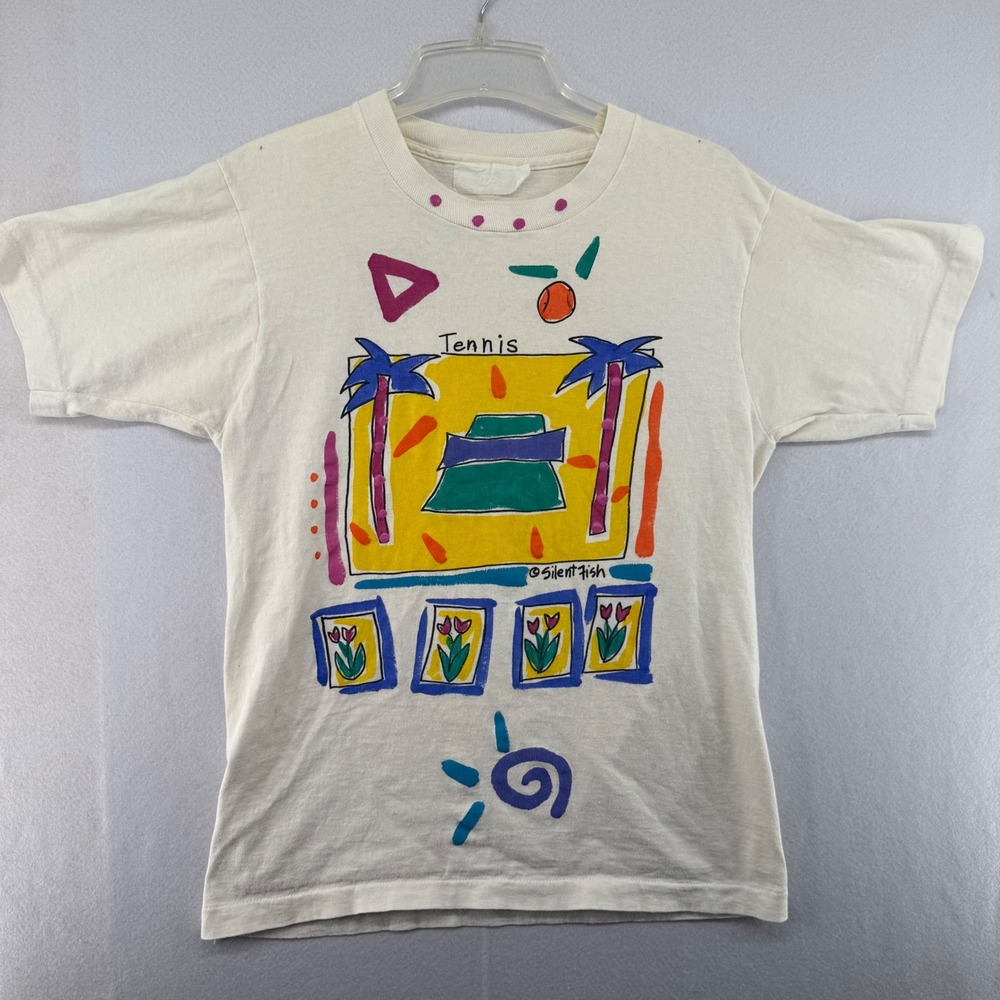 Vintage 80s 90s Silent Fish Tennis Graphic T Shirt USA Single Stitch Art Tee 18"
